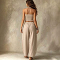 Hanging neck V-neck short top+loose lantern pants linen two-piece set for women - MODALIFE