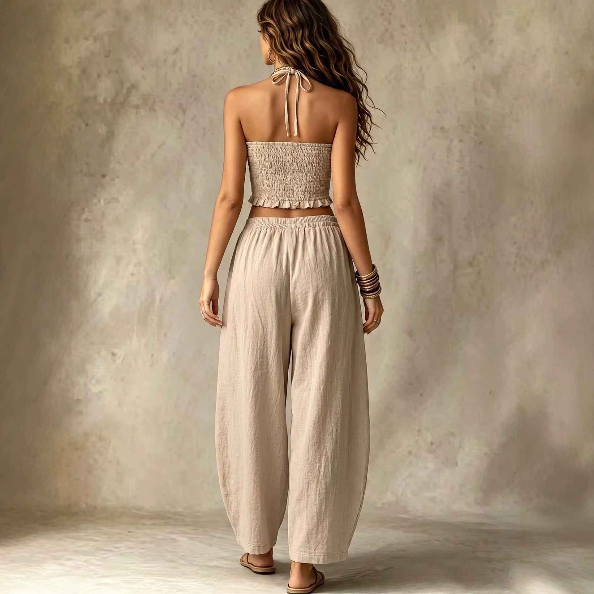 Hanging neck V-neck short top+loose lantern pants linen two-piece set for women - MODALIFE