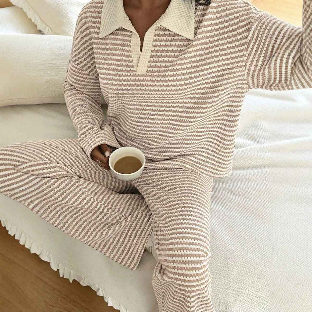 Long sleeved contrasting striped wide leg pants set - MODALIFE