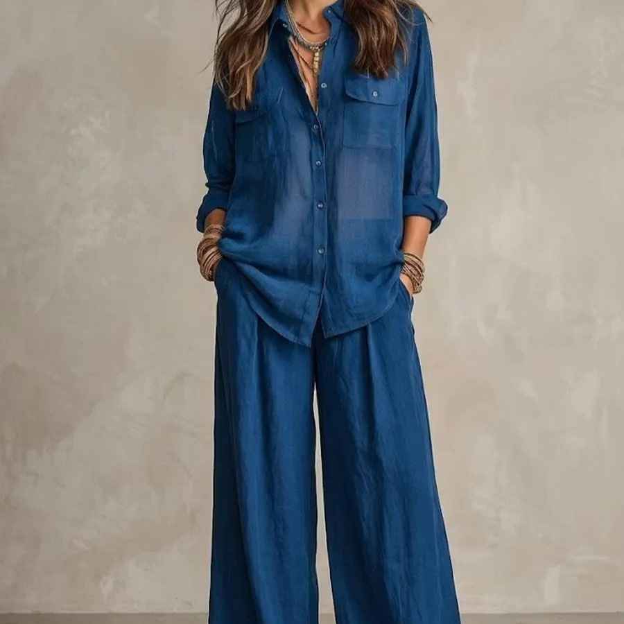 Chic Linen Set for Women, Breathable Lightweight Long Sleeve Shirt with Drapey Wide-Leg Pants, Vacation Style Casual Outfit - MODALIFE