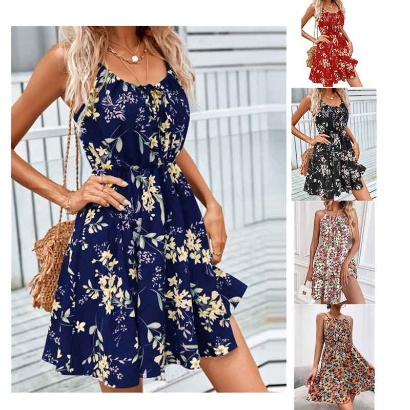 Elegant Sleeveless Printed Dress with Elastic Waist and Straps for Women - MODALIFE