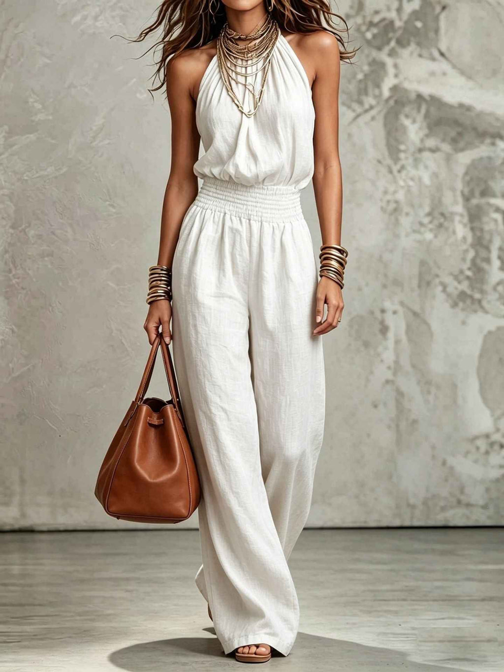 Sleeveless Backless Waist-Tie Halter Wide-Leg Jumpsuit for Women - MODALIFE