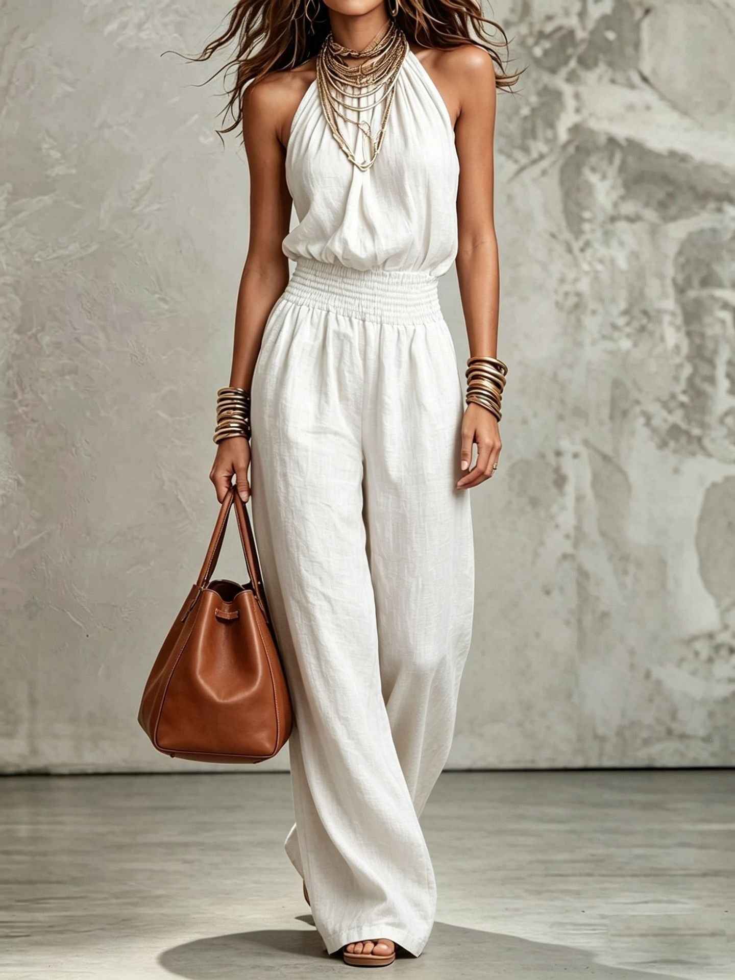 Sleeveless Backless Waist-Tie Halter Wide-Leg Jumpsuit for Women - MODALIFE