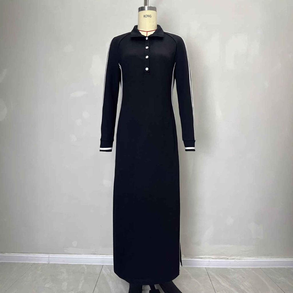Long skirt women's simple white rolled edge button neck hoodie dress - MODALIFE