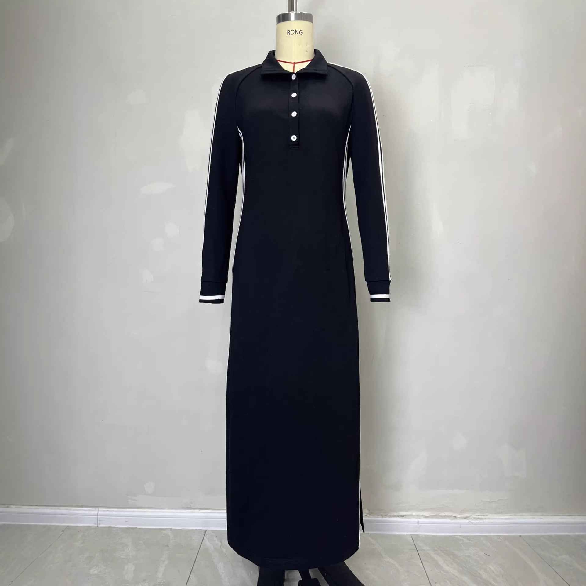 Long skirt women's simple white rolled edge button neck hoodie dress - MODALIFE