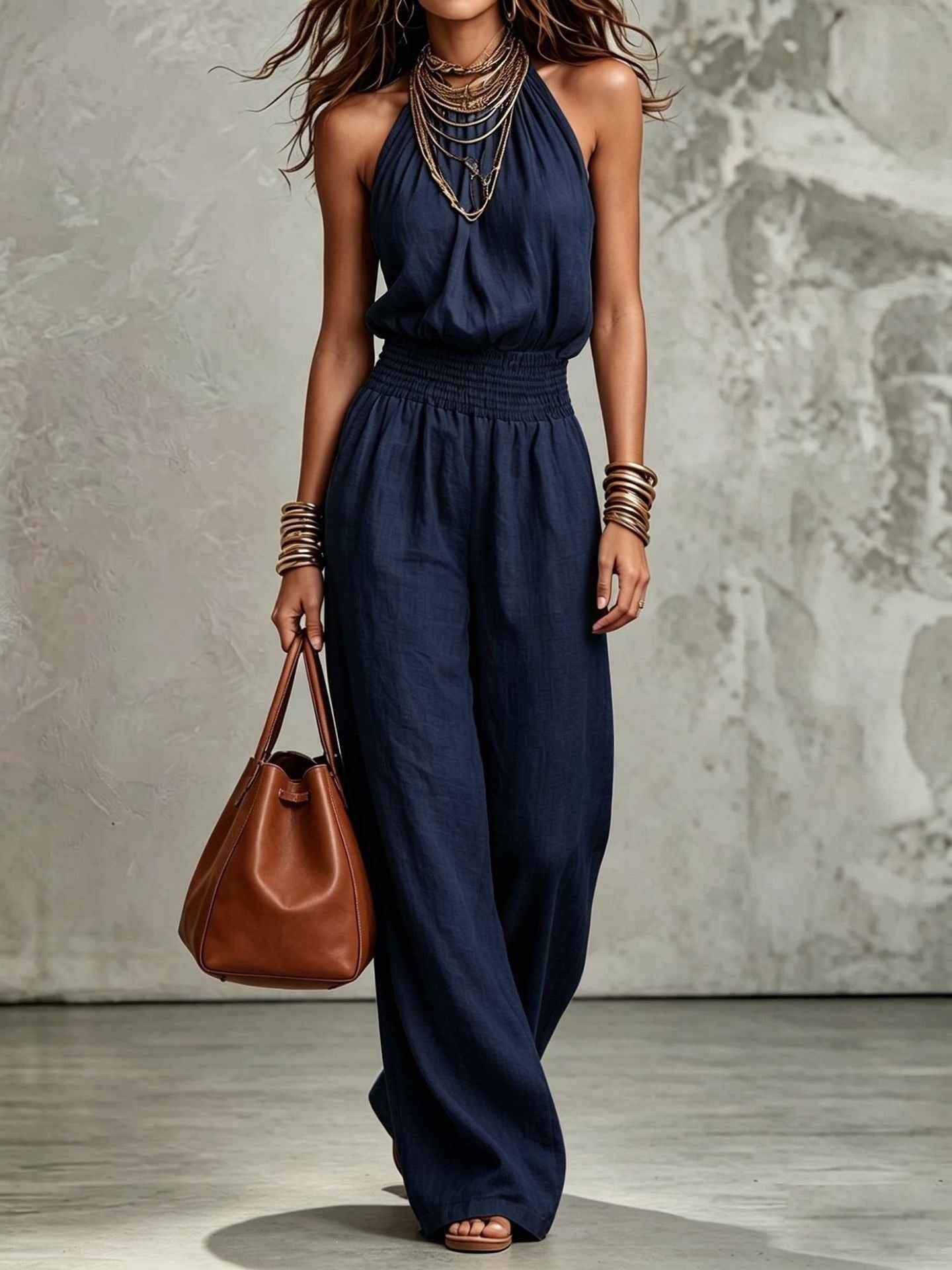 Sleeveless Backless Waist-Tie Halter Wide-Leg Jumpsuit for Women - MODALIFE
