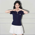 Neck Lightweight Knit Short Sleeve T-Shirt for Women, Fitted Cable Knit V-Neck Regular Shoulder Top