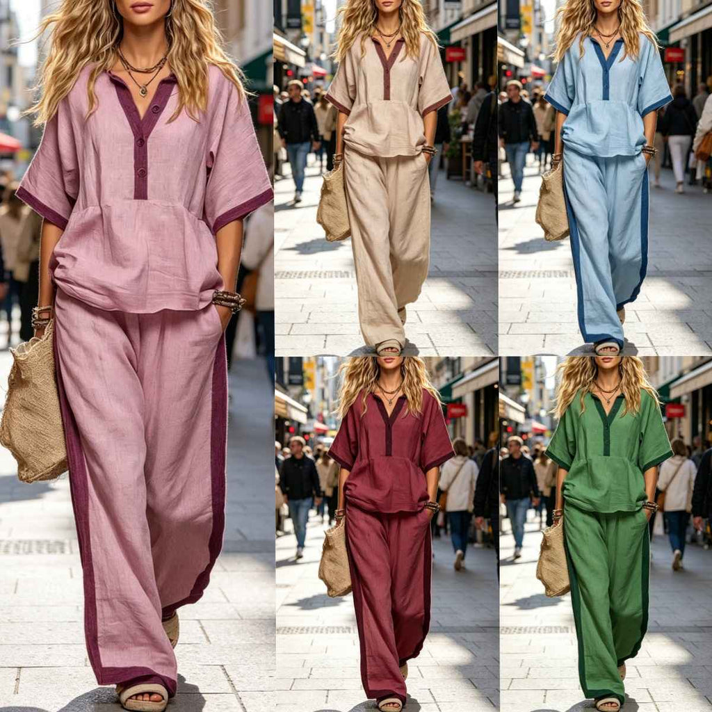 Casual Loose Solid Color Top with V-Neck and Three-Quarter Sleeves  Elastic Waist Loose Wide-Leg Pants Solid Color Set for Women - MODALIFE