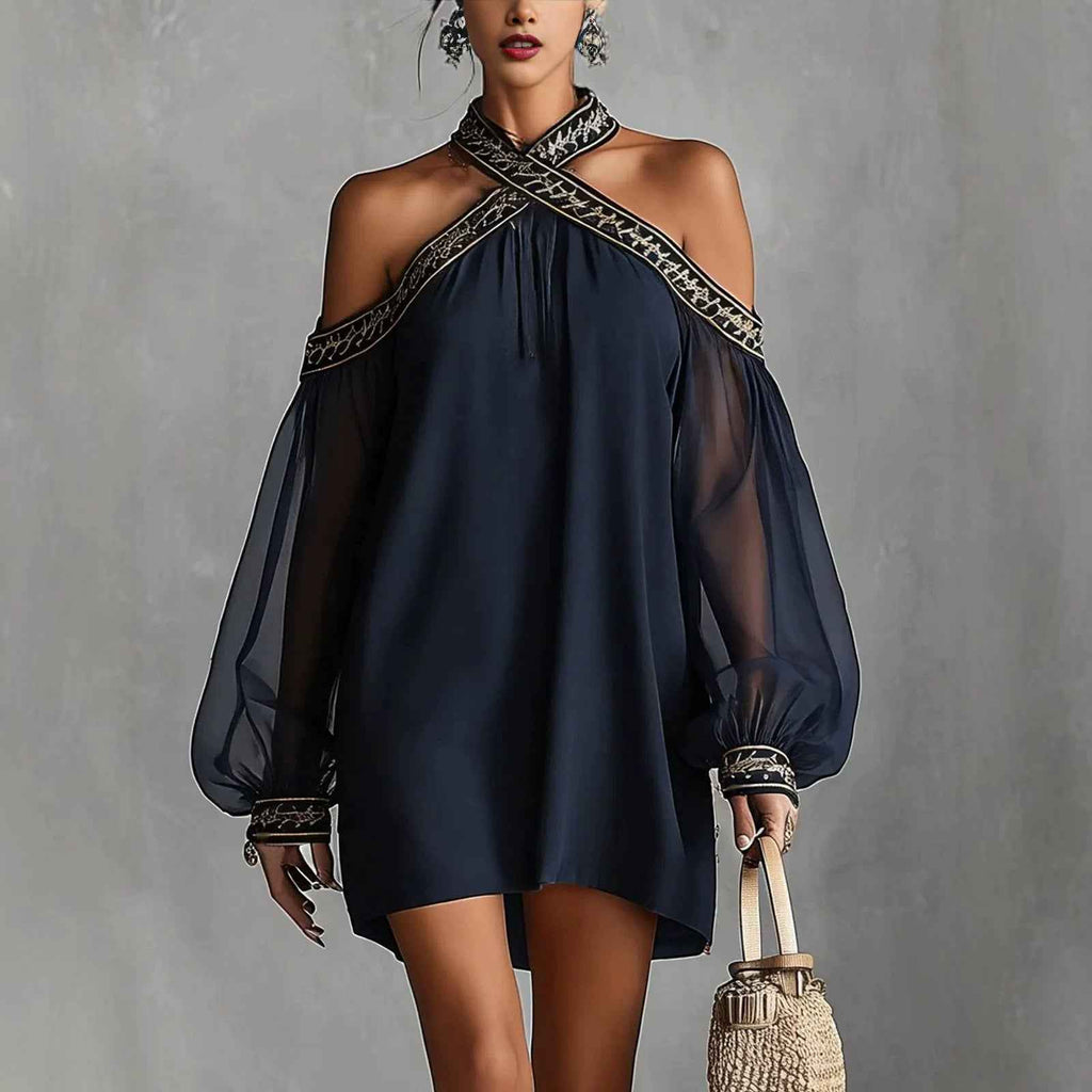 Fashion Design Embroidered Strapless Dress with Off-Shoulder Sheer Lantern Sleeve Loose Slimming Resort Style - MODALIFE