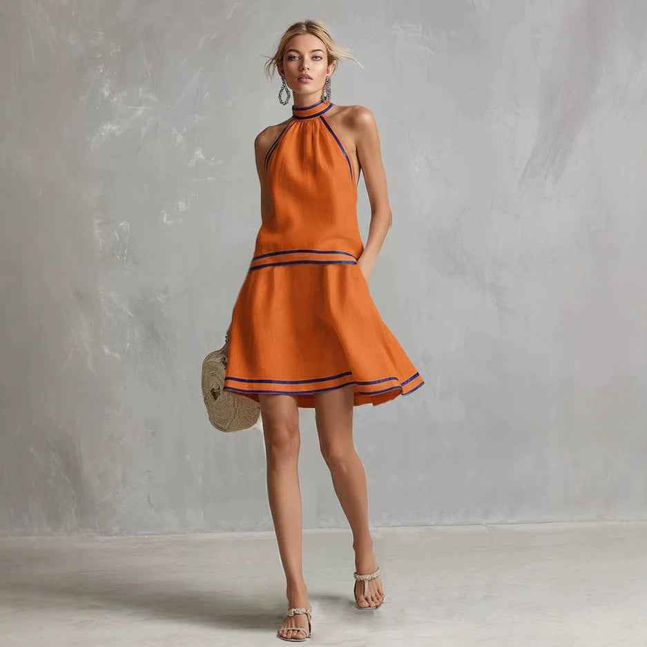 Choker Neck Fashion Short Dress with Striped Trim, Comfortable Sleeveless Fitted Dress