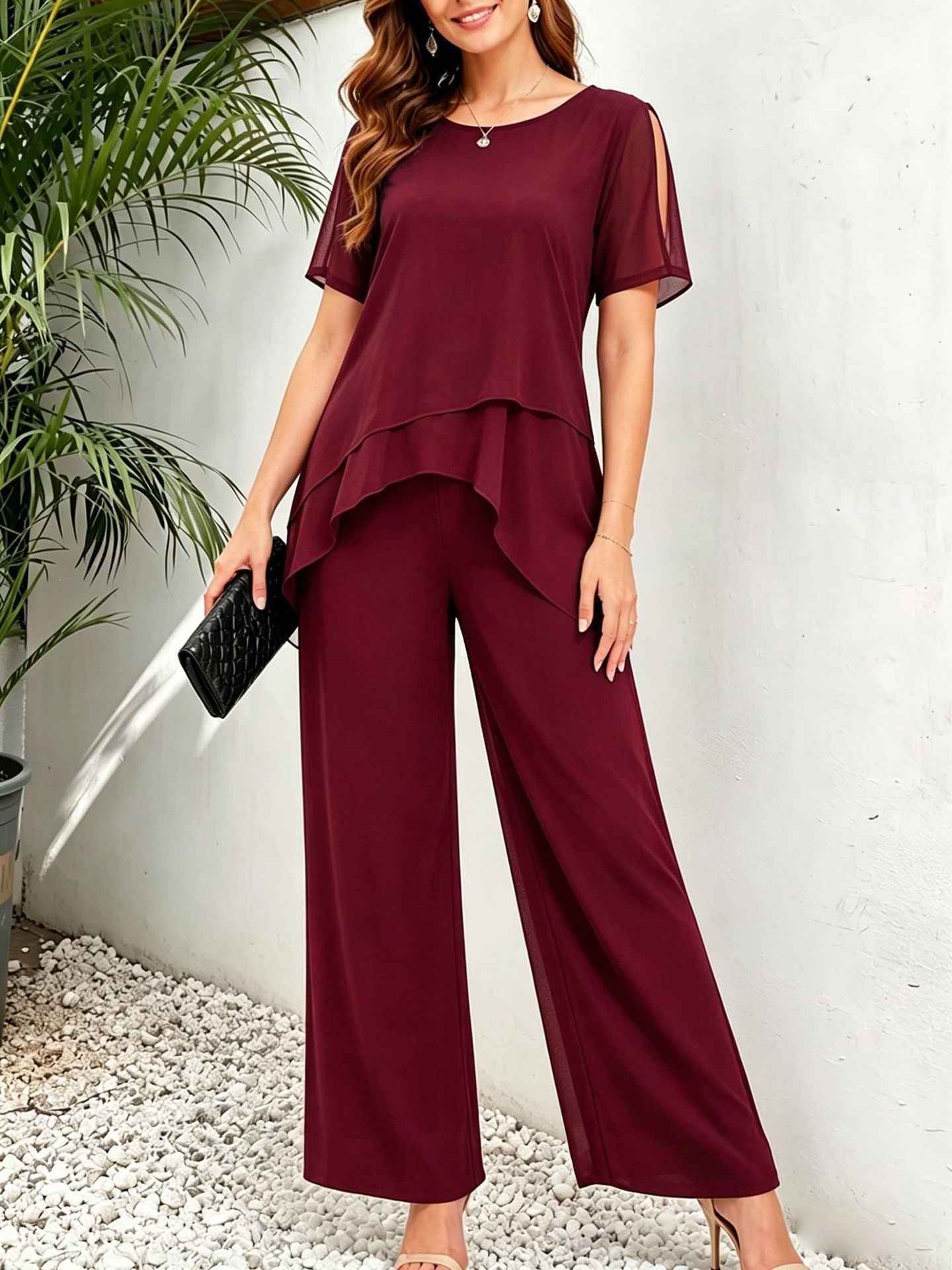 Irregular top wide leg long pants two-piece set