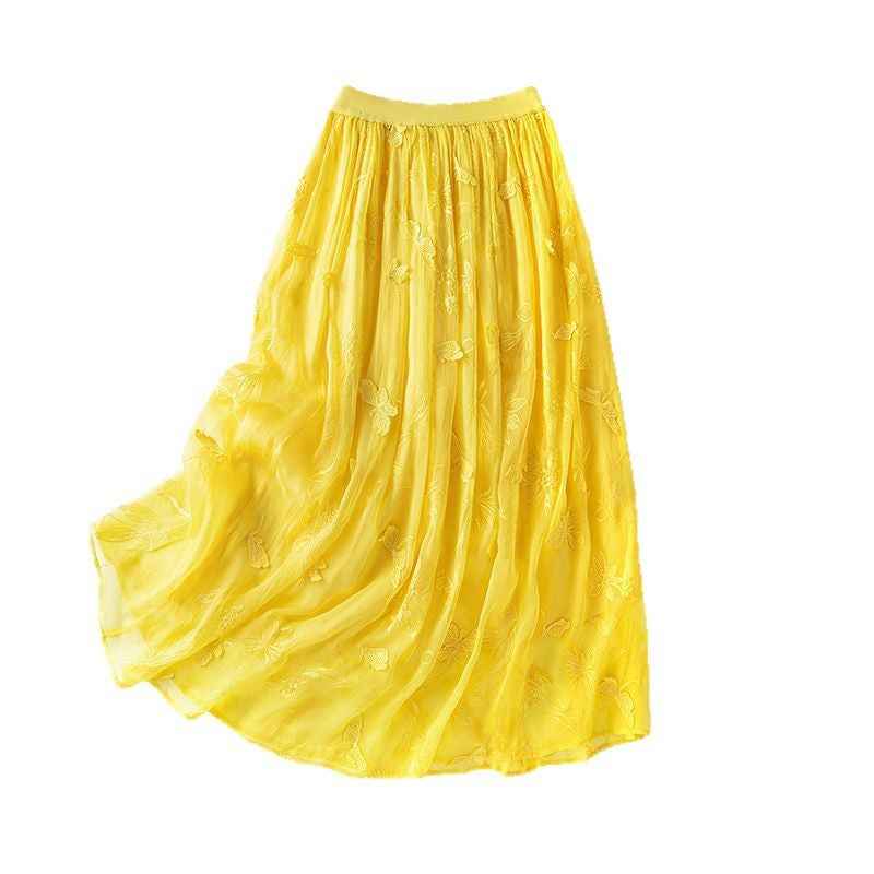 Embroidered Silk Patchwork High-Waisted Flared Yellow Midi Skirt - MODALIFE