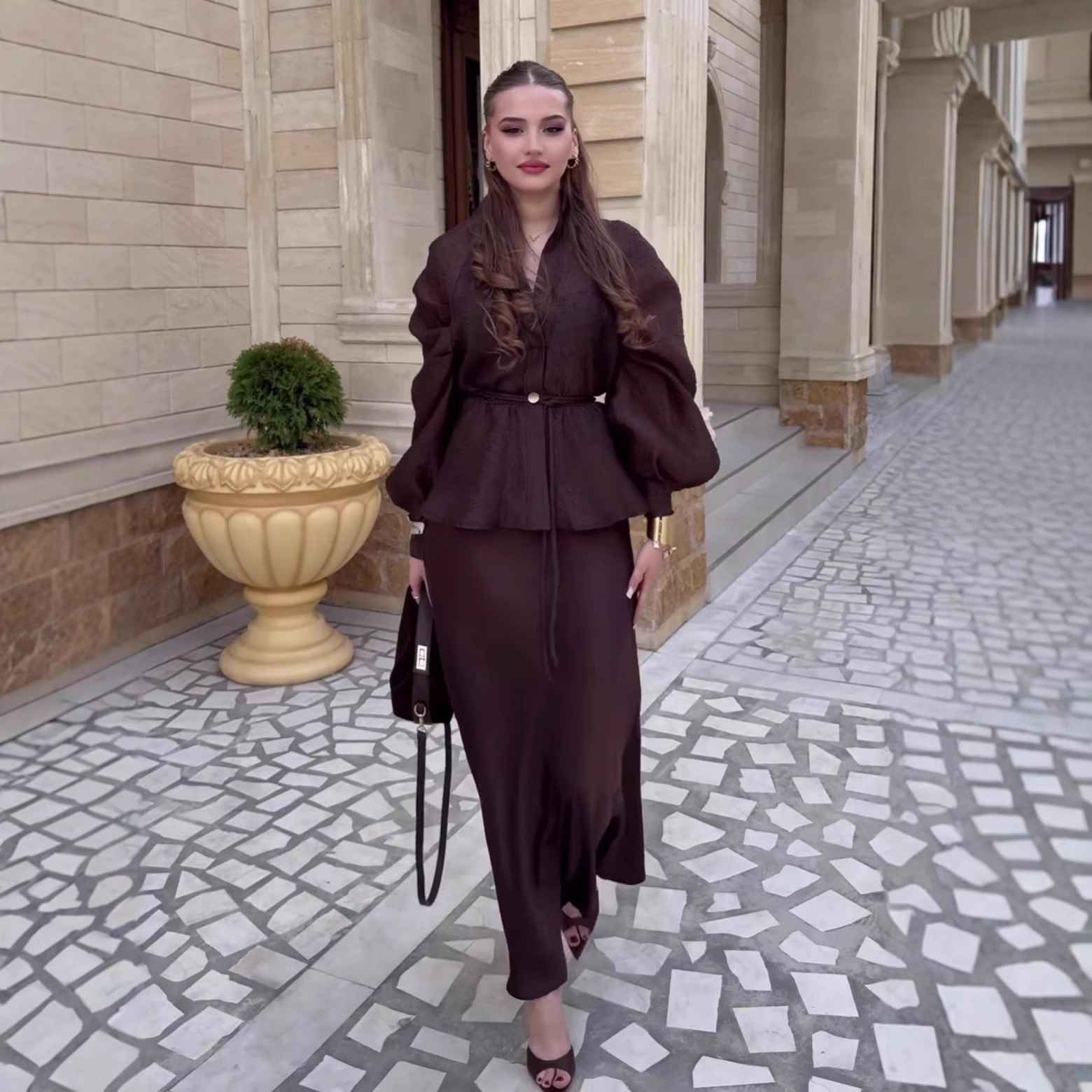 Chic V-Neck Fitted Long Sleeve Cardigan Top with High-Waisted Skirt Set for Women - MODALIFE