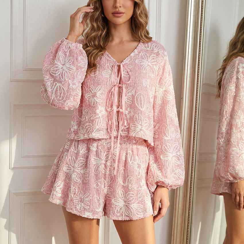 V-neck long sleeved lace up top and shorts two-piece set - MODALIFE