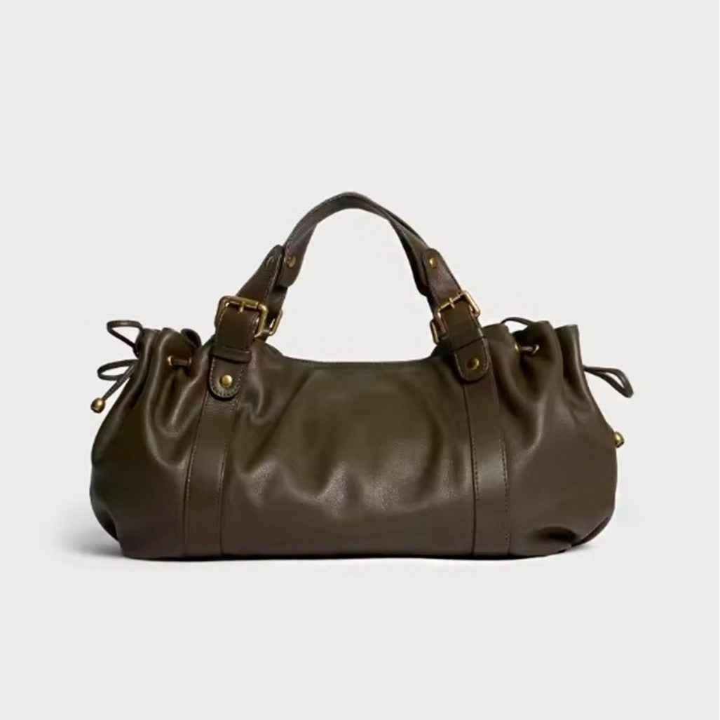 Black large capacity soft leather tote bag with pleated drawstring hand-held shoulder bag