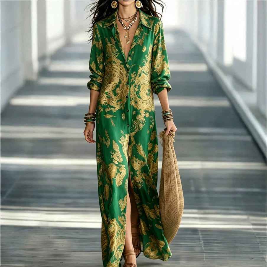 Blue Tone Printed Chiffon Turn-down Collar Split Resort Beach Dress