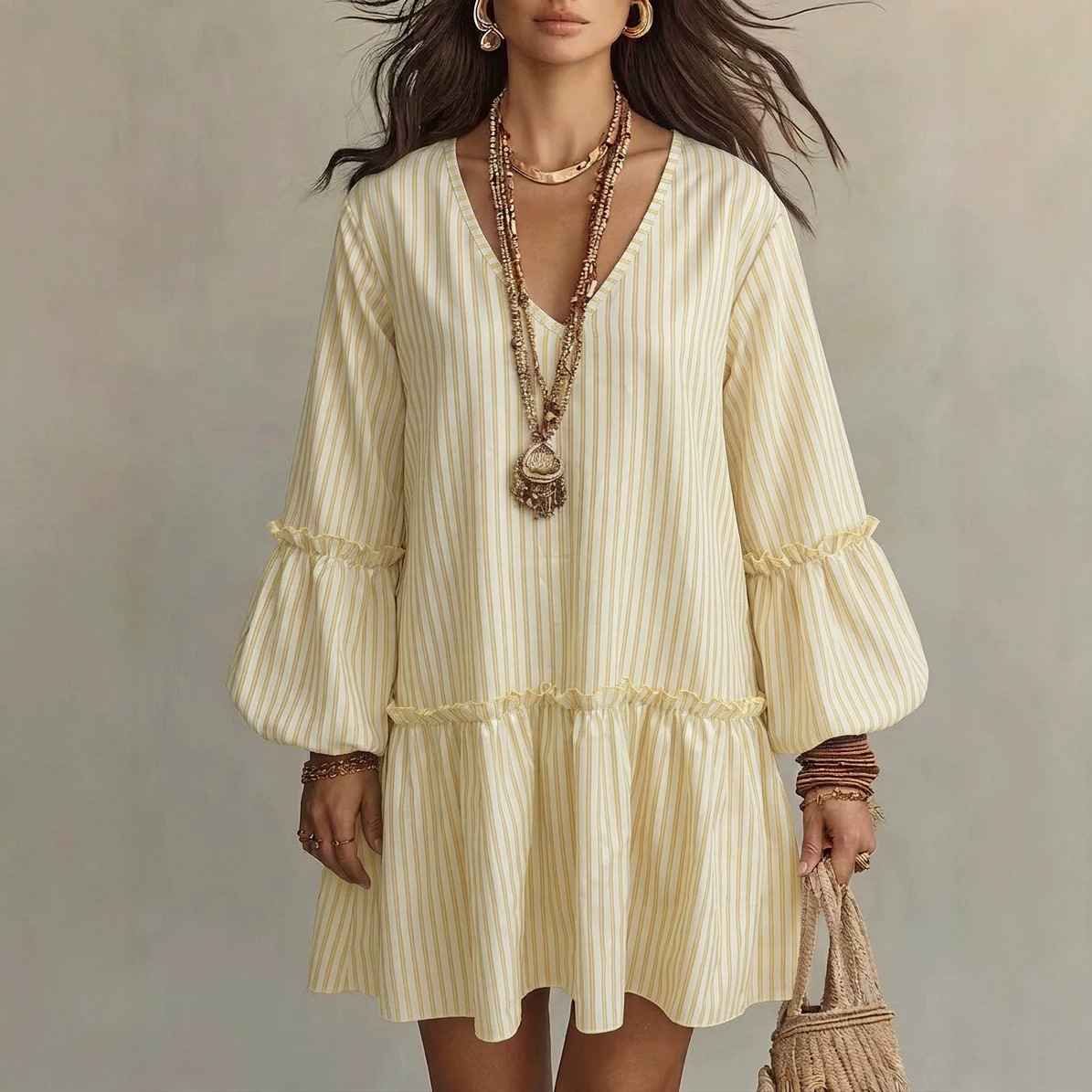 Style Autumn New Women's Long Sleeve Dress Stripe Print V-Neck Lantern Sleeve Loose Mini Dress - MODALIFE
