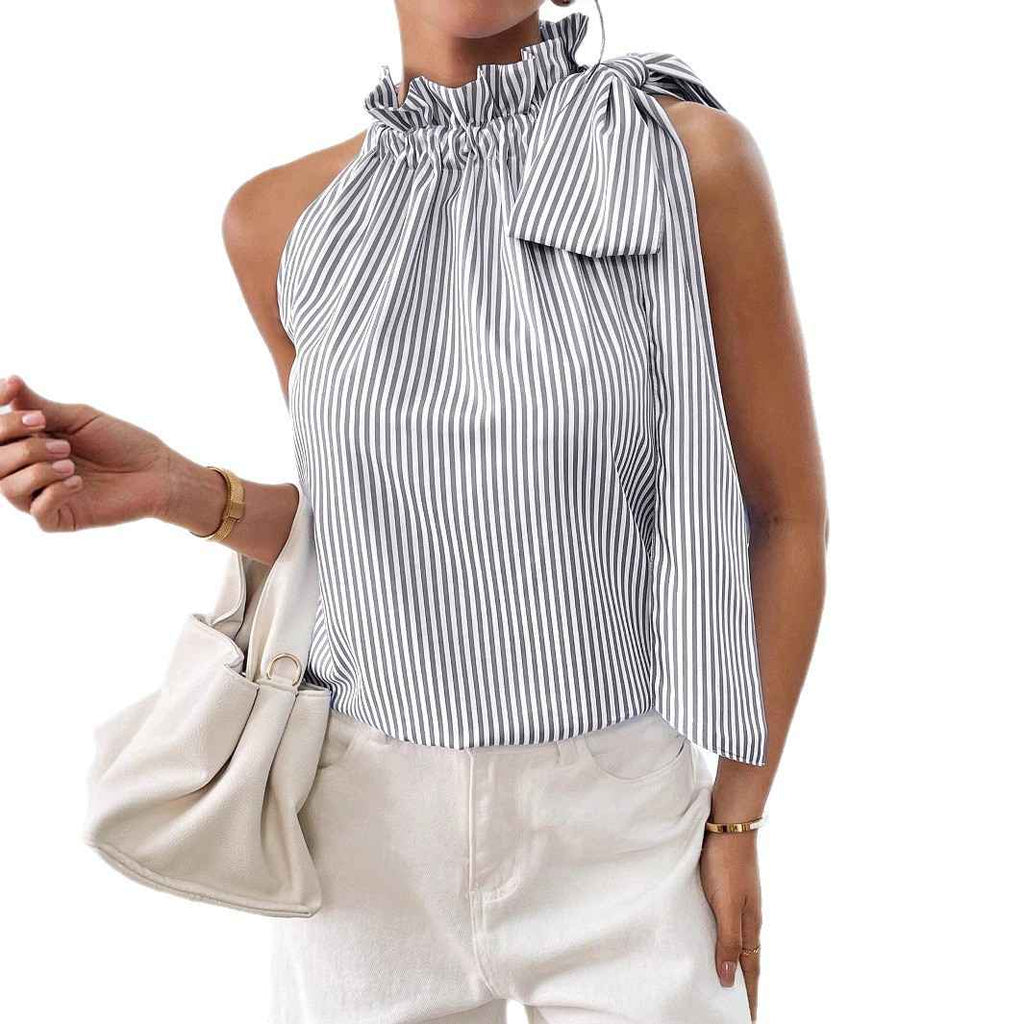 Fashionable Casual Sleeveless Striped Lace Trim High Neck Tie Knot T-Shirt Top - MODALIFE