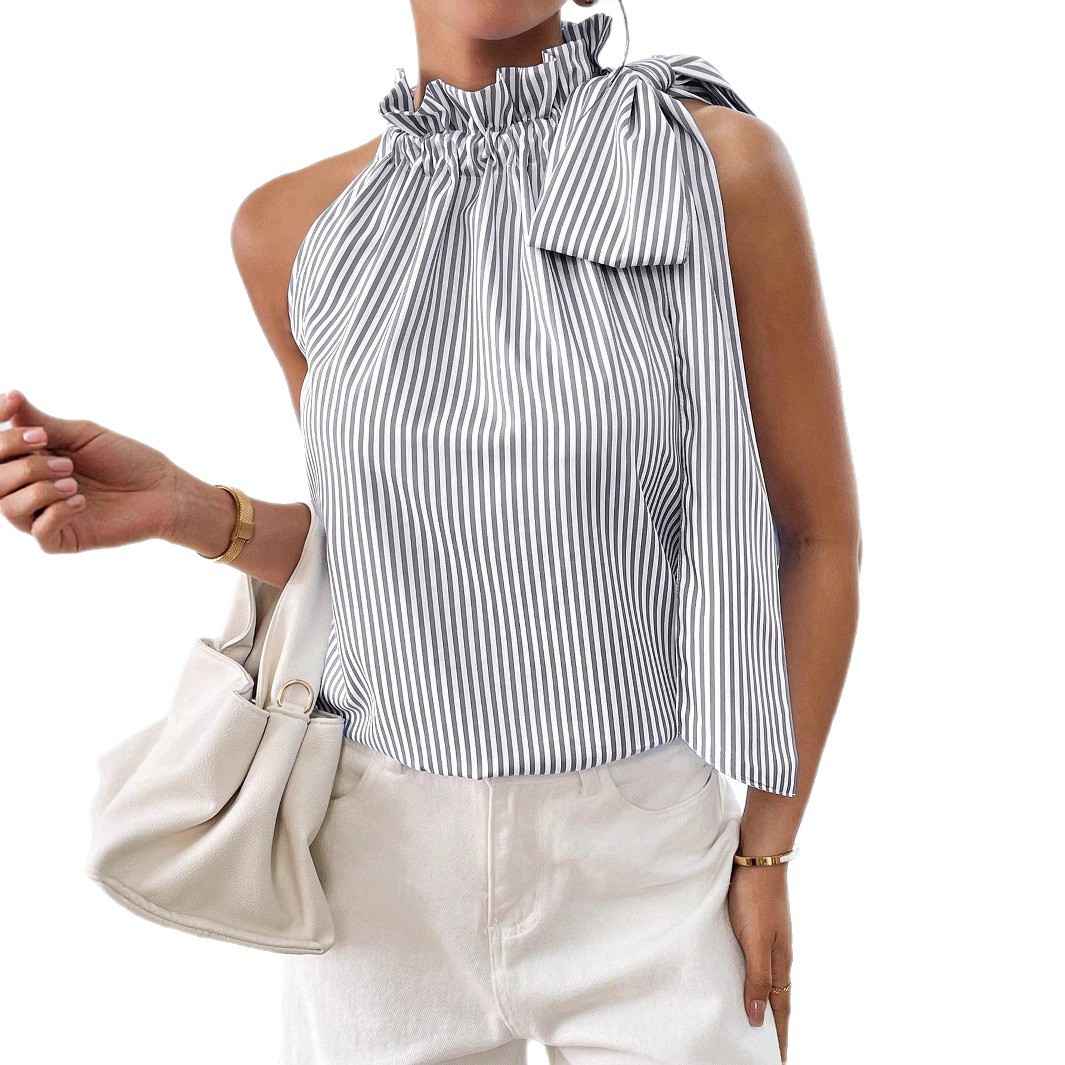 Fashionable Casual Sleeveless Striped Lace Trim High Neck Tie Knot T-Shirt Top - MODALIFE