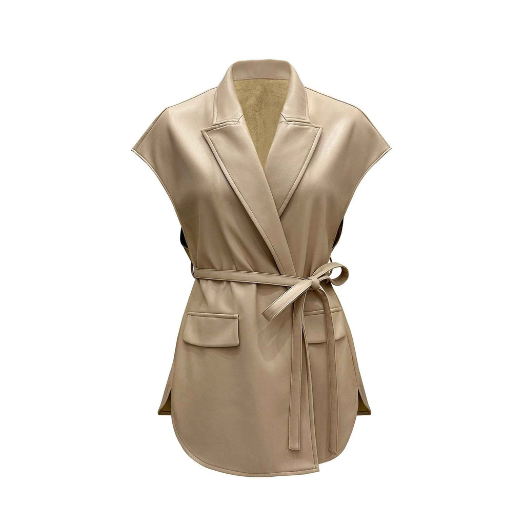Sleeveless PU leather vest women's suit collar belt vest jacket - MODALIFE