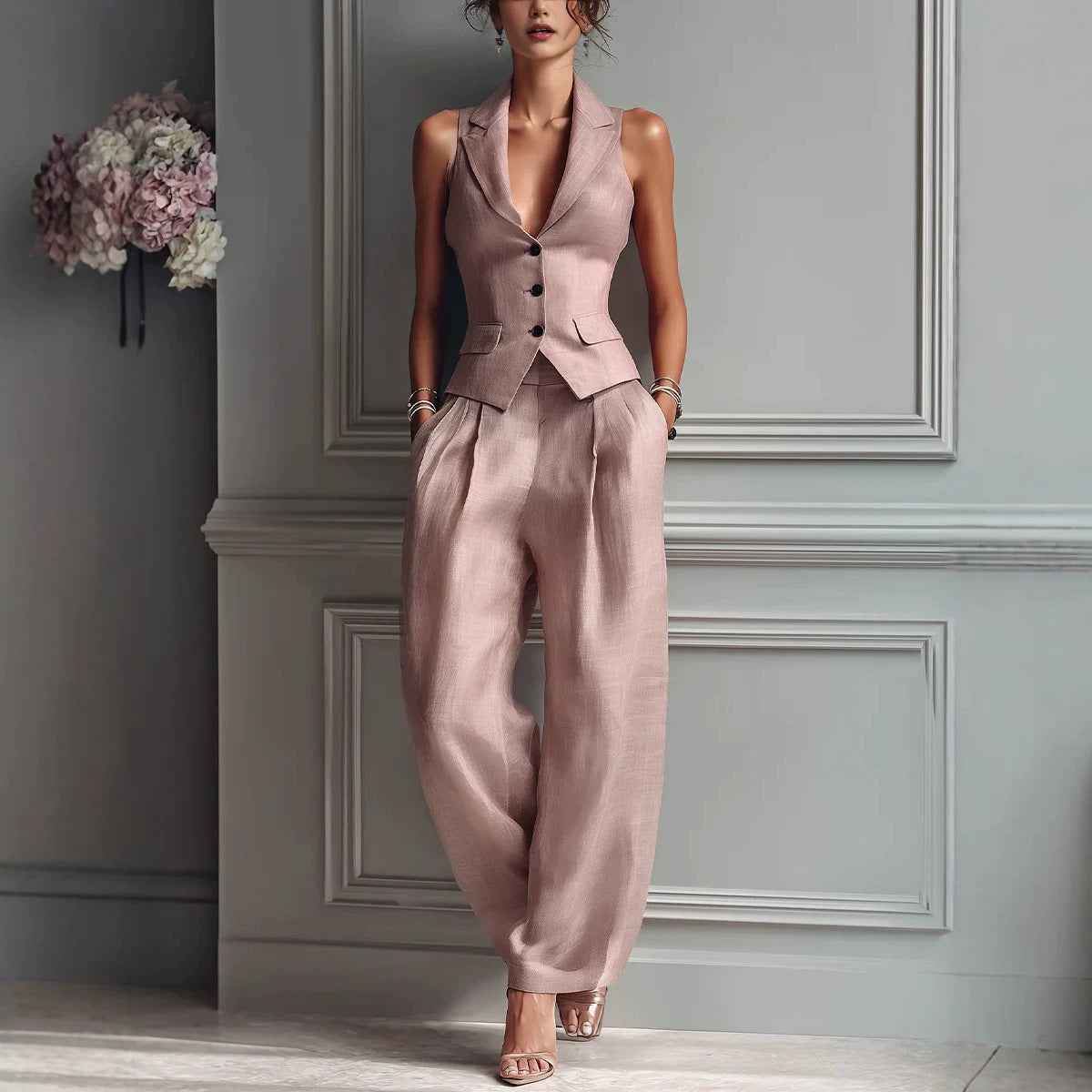 Flip collar single breasted vest long pants two-piece set - MODALIFE