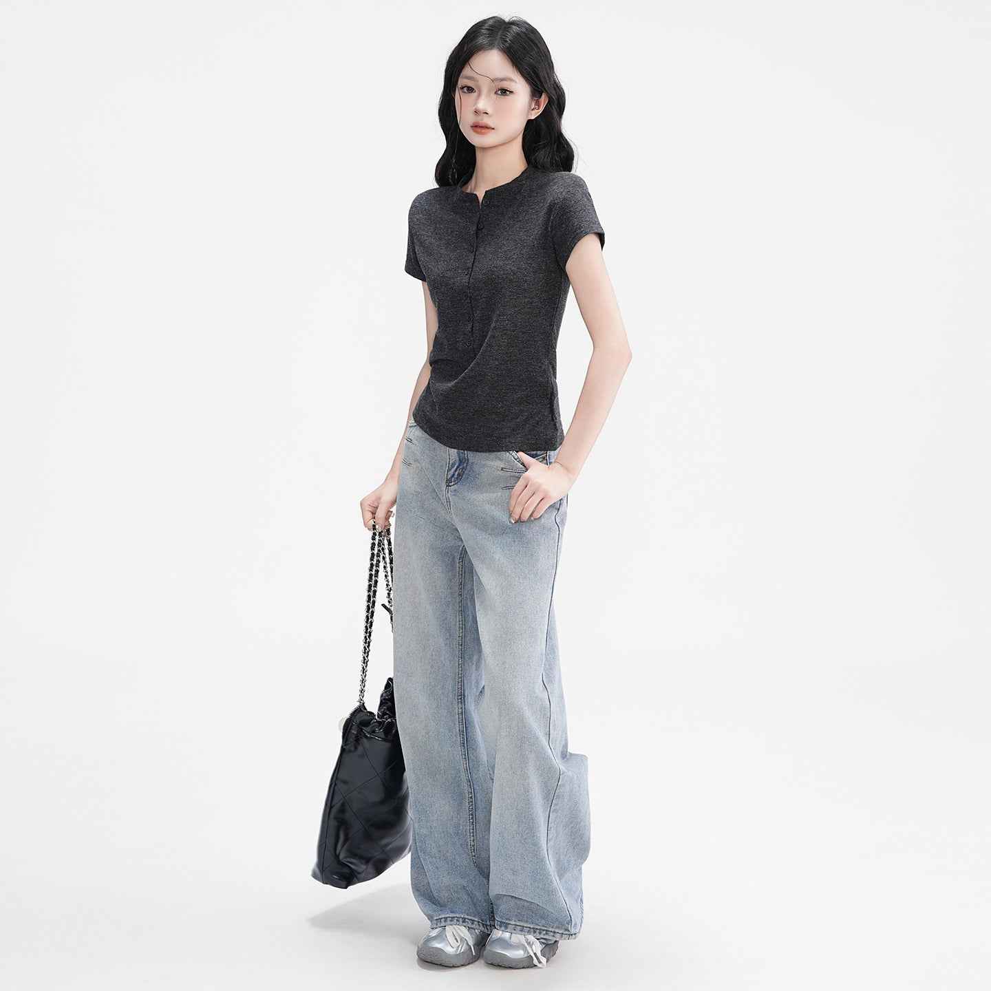 Elegant Half-Open Collar Buttoned Shoulder Design Short Sleeve T-Shirt for Women - MODALIFE
