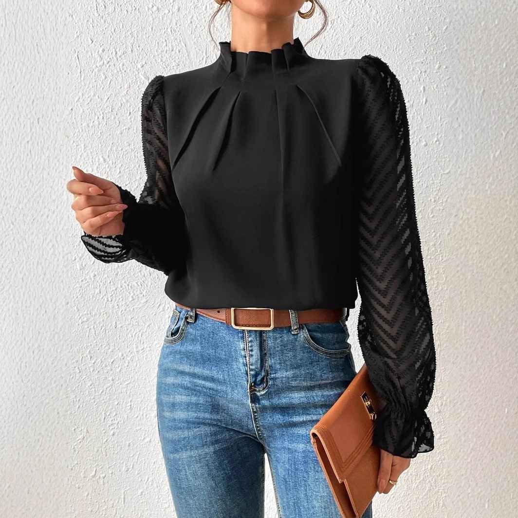 Autumn Winter New Women's High Neck Spliced Wave Pattern Chiffon Long Sleeve Top - MODALIFE