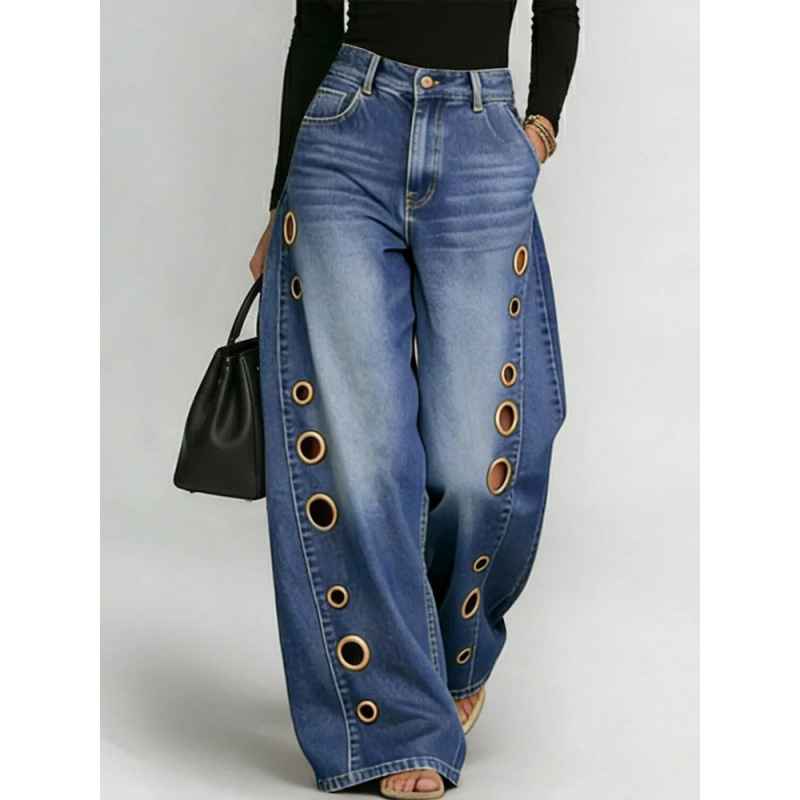 New jeans for women, metal eyelet design, casual loose high-waisted wide-leg jeans - MODALIFE