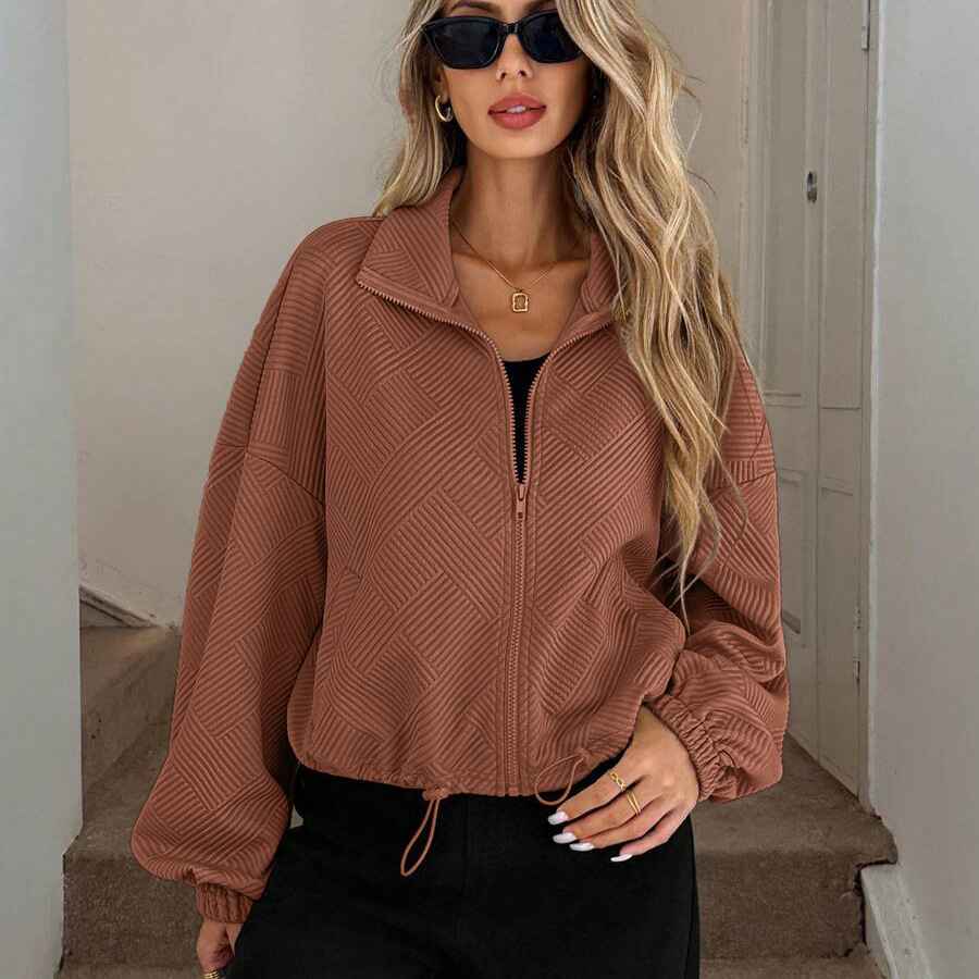 High neck zipper hem drawstring pocket women's loose jacket - MODALIFE