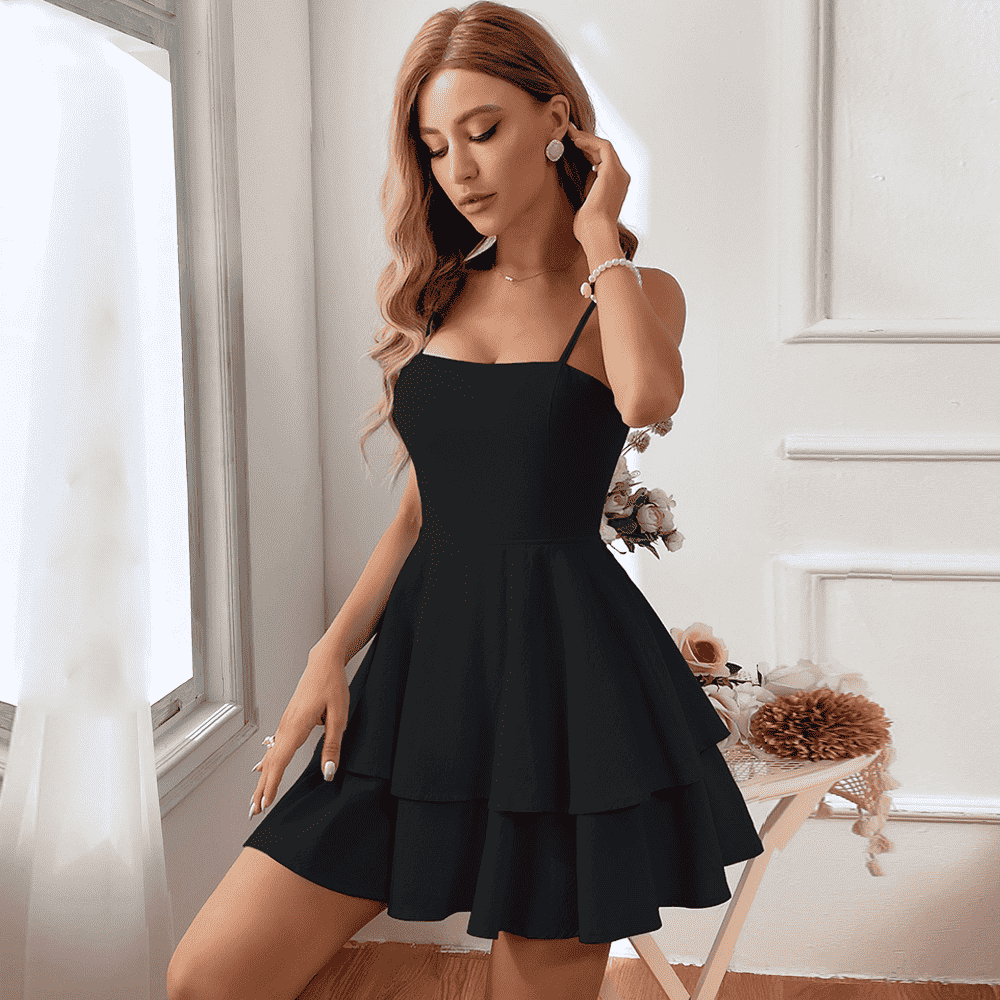 Summer pure cotton square neck suspender A-line short skirt sweet and fresh high waisted bow tie slim fit dress - MODALIFE