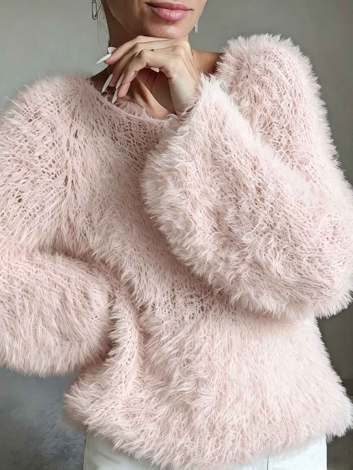 Women's macaron round neck fluffy solid color long sleeved fur top - MODALIFE