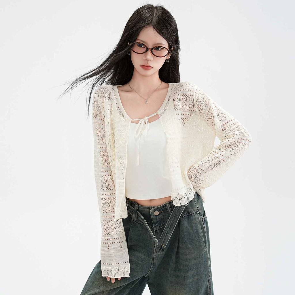 Hollow Linen Knit Cardigan for Women Lightweight Tie-Back Long Sleeve Shawl Cover-Up Top