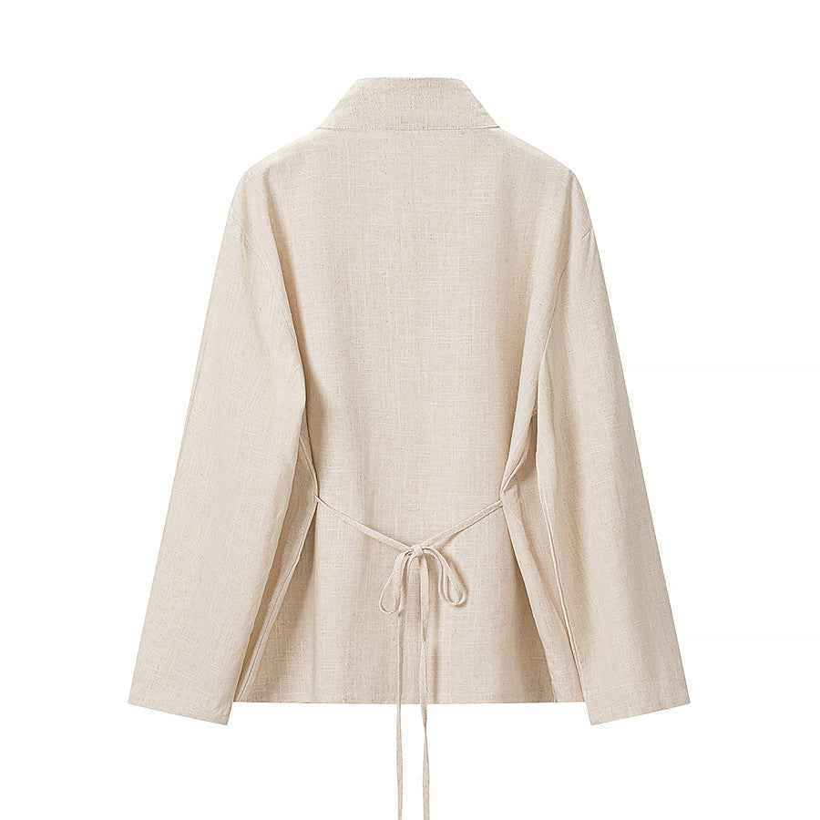 Cotton and linen long sleeved shirt+wide leg pants set