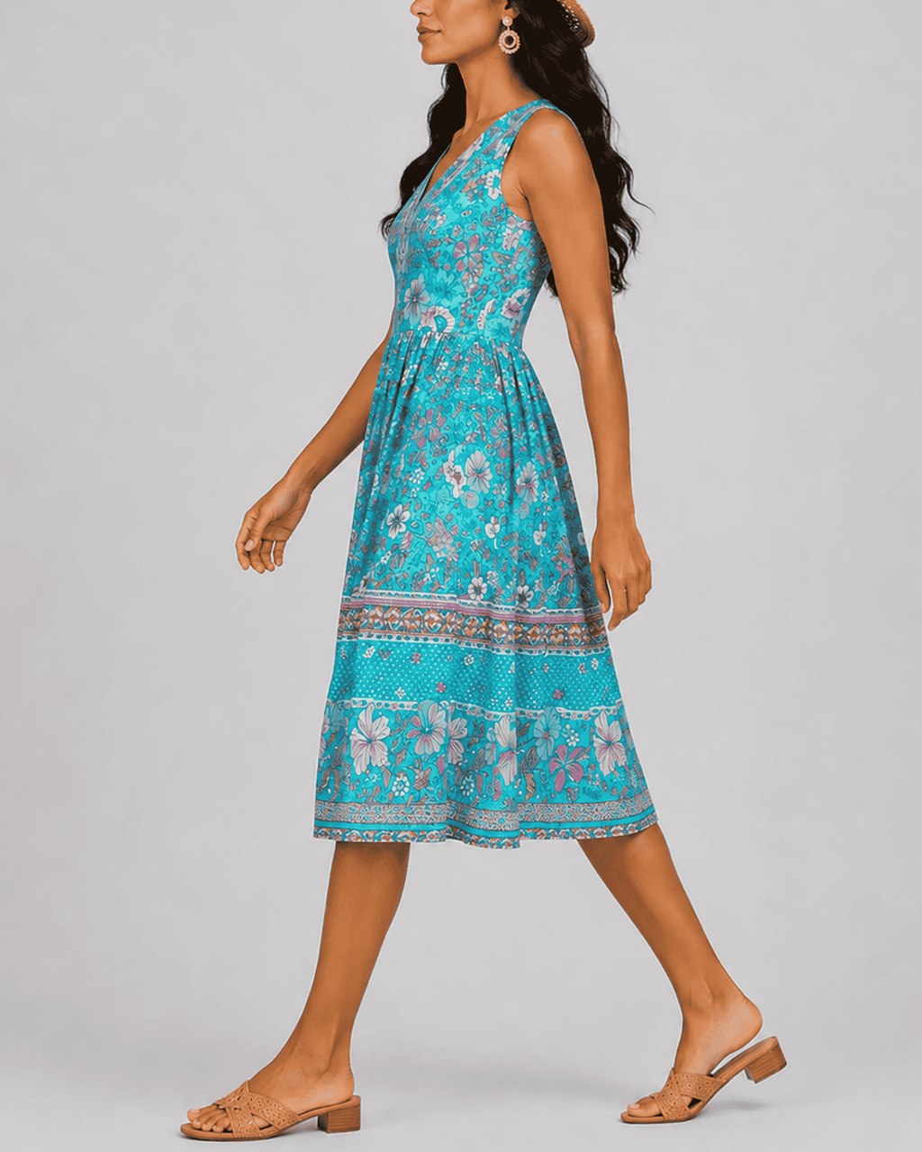 Women's Fashion Ethnic Style Blue Printed V-Neck Open Front Sleeveless Dress - MODALIFE