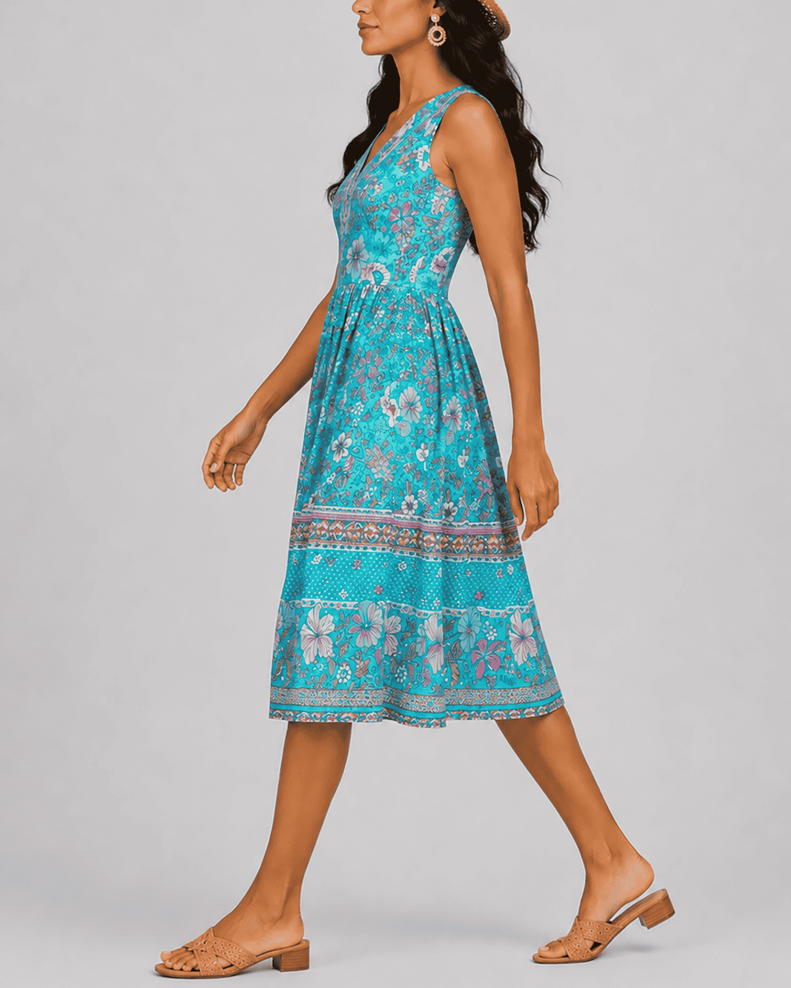 Women's Fashion Ethnic Style Blue Printed V-Neck Open Front Sleeveless Dress - MODALIFE