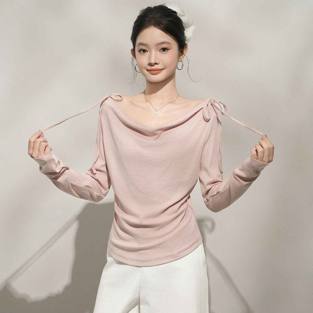 Chic Pink Off-Shoulder Long Sleeve Top for Women, One-Shoulder Neckline Inner Layer - MODALIFE