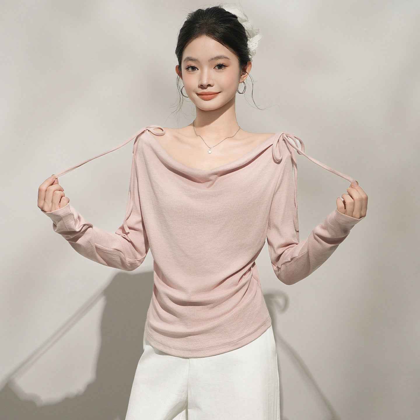 Chic Pink Off-Shoulder Long Sleeve Top for Women, One-Shoulder Neckline Inner Layer - MODALIFE