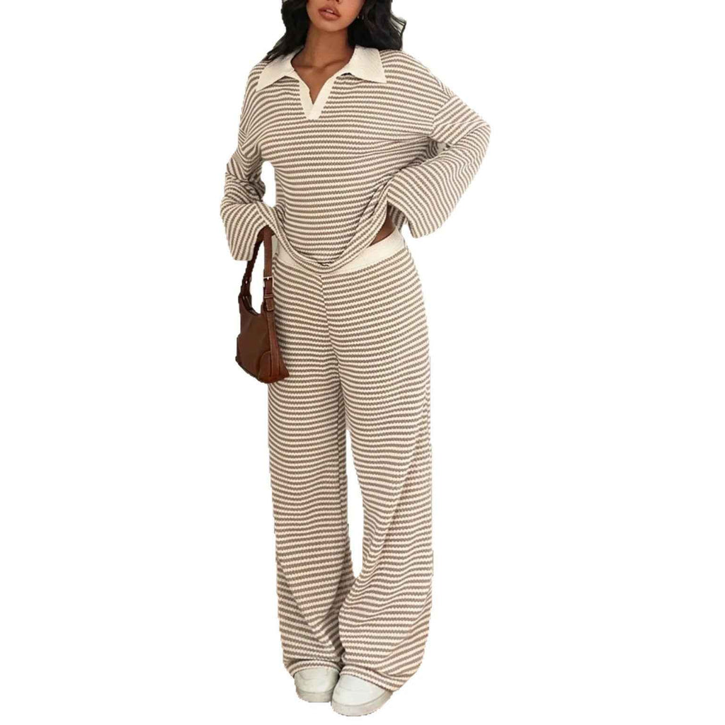 Long sleeved contrasting striped wide leg pants set - MODALIFE
