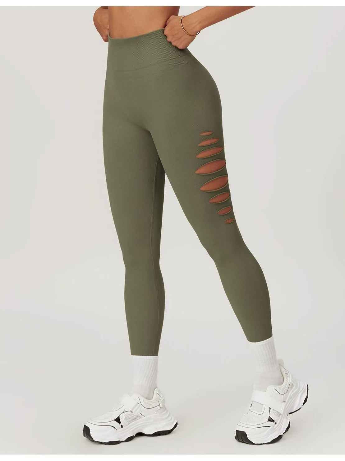Style High Elastic Side Cut-Out Seamless Knit Butt-Lifting Fitness Pants Women High Waist Slim Yoga Pants Running Sports Long Pants