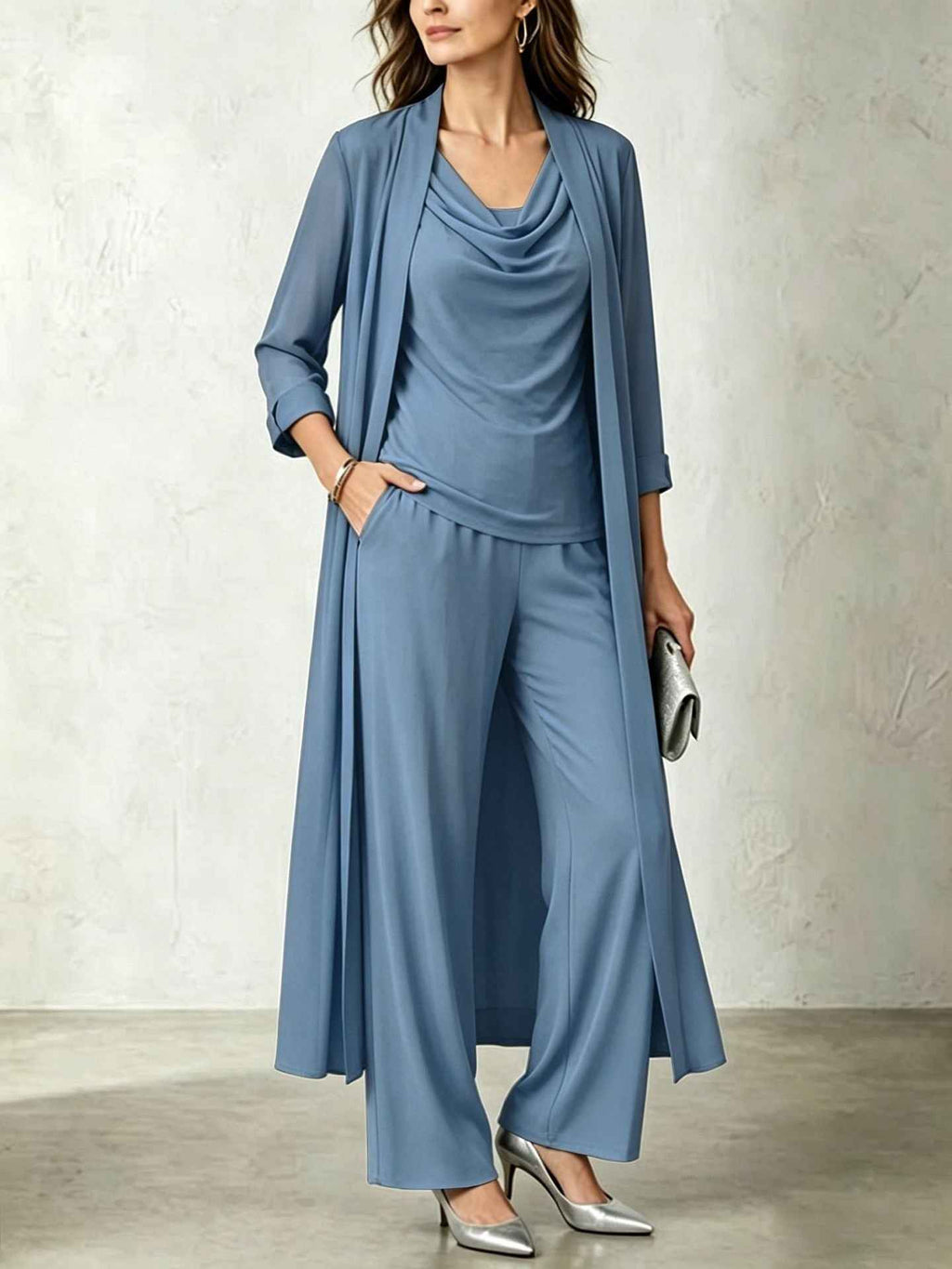 Long sleeved swing collar top long cardigan jacket long pants three piece set - MODALIFE