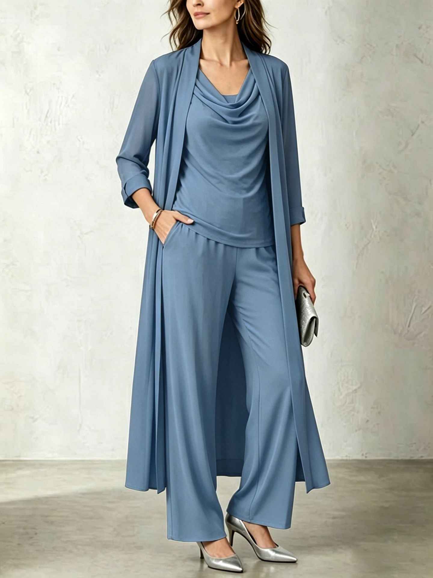 Long sleeved swing collar top long cardigan jacket long pants three piece set - MODALIFE