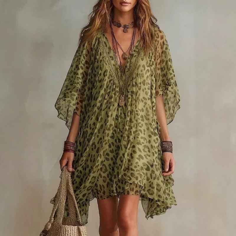 V-neck chiffon dress beach vacation cover shirt leopard print beach skirt - MODALIFE