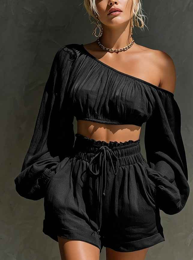 Shoulder long sleeved short top+high waisted casual shorts set for women - MODALIFE