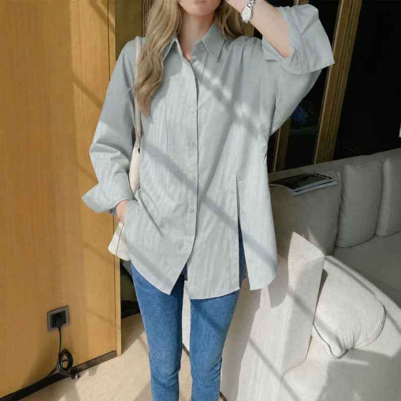 New women's solid color long sleeved shirt with button side slit - MODALIFE