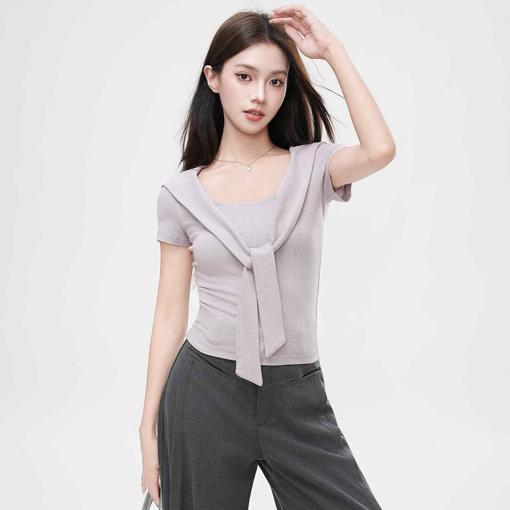 False Two-Piece Design Shoulder Cape V-Neck Short Sleeve T-Shirt Women's Unique Fitted Crop Top - MODALIFE