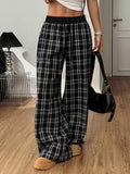 Loose Lazy Style Straight Leg Plaid Patchwork High Waist Drape Casual Sweatpants - MODALIFE