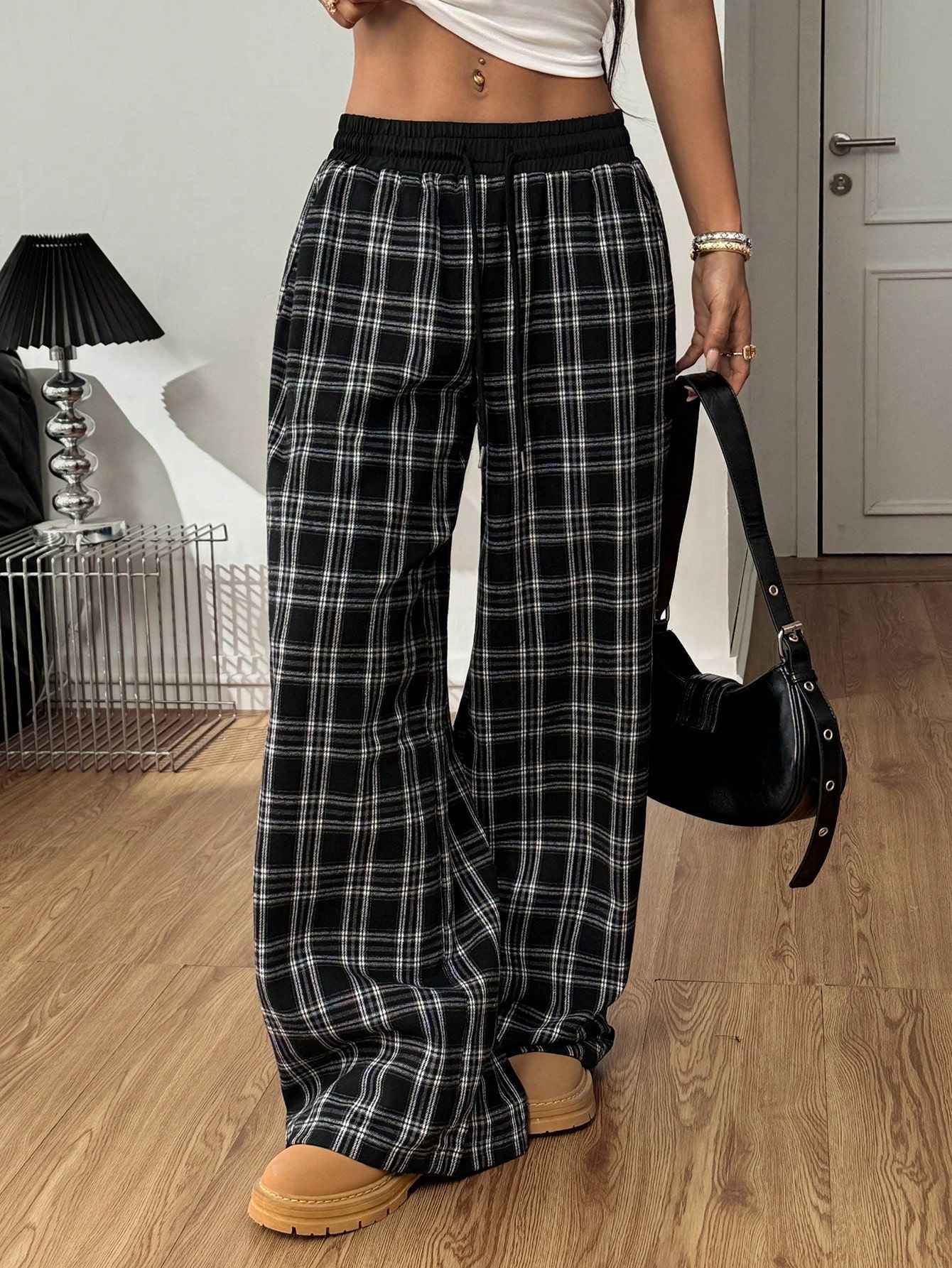 Loose Lazy Style Straight Leg Plaid Patchwork High Waist Drape Casual Sweatpants - MODALIFE