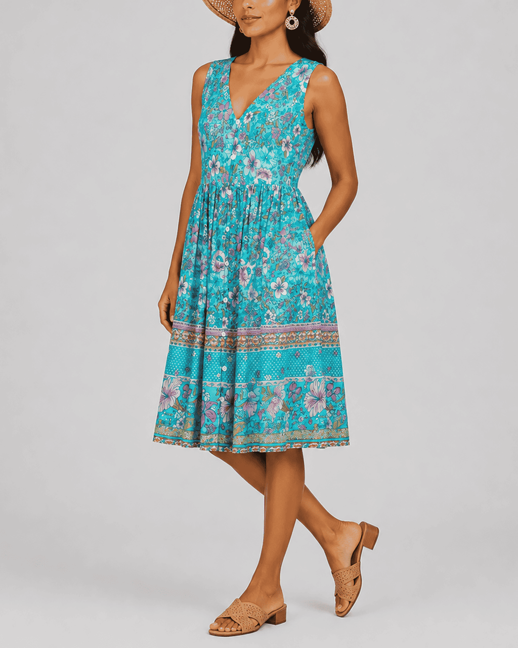 Women's Fashion Ethnic Style Blue Printed V-Neck Open Front Sleeveless Dress - MODALIFE