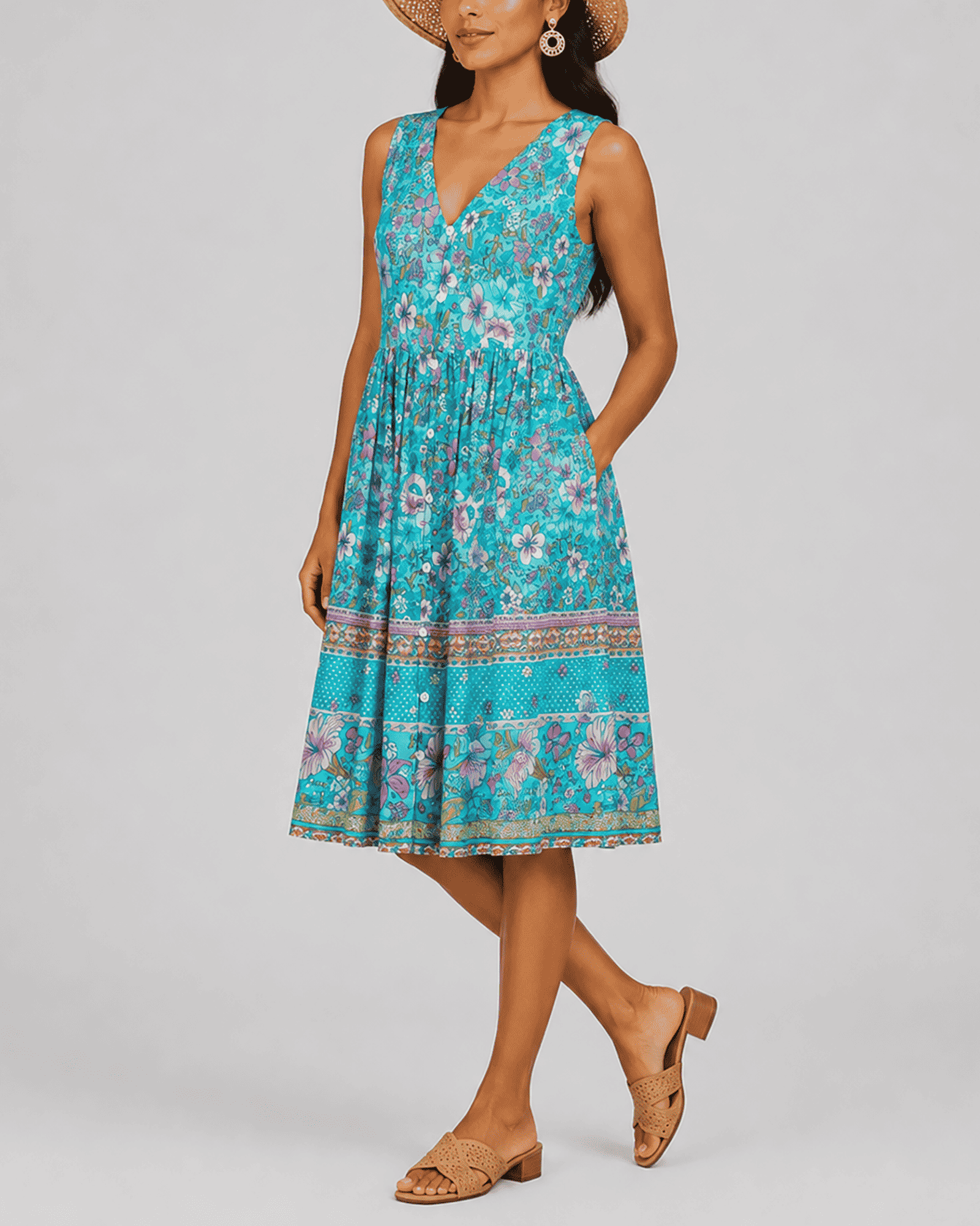 Women's Fashion Ethnic Style Blue Printed V-Neck Open Front Sleeveless Dress - MODALIFE