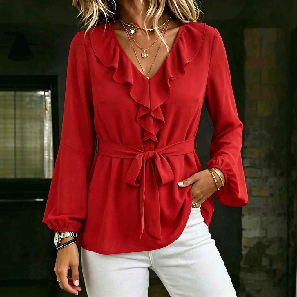 Elegant Women's V-Neck Ruffle Blouse with Tie Waist, Lantern Sleeves Long Sleeve Top - MODALIFE